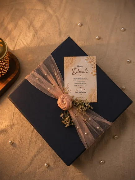 Navy gift box tied with blush tulle, a rose and a Happy Diwali card